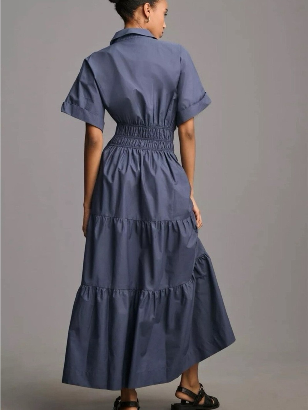 Anthropologie Navy Tiered Shirt Maxi Dress with Short Sleeves - Picture 2 of 3